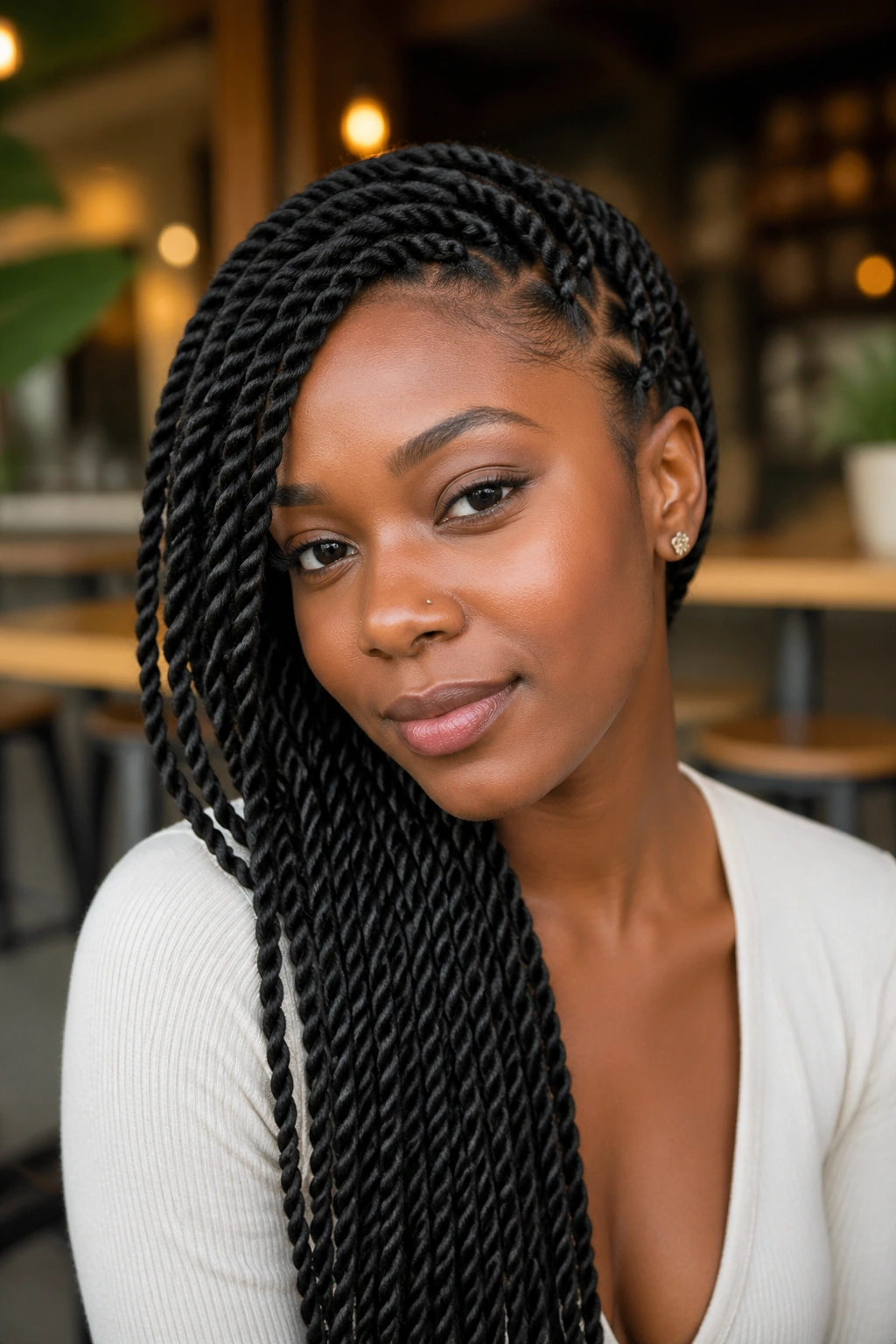 Close-up of real woman with side-swept twists draped over shoulder.