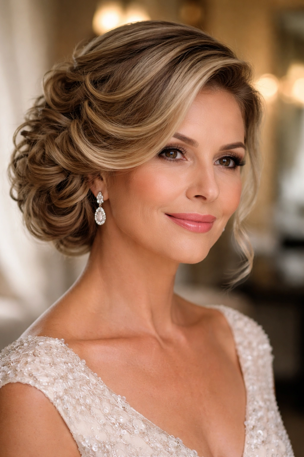 Close-up of a real woman with a side-swept curly updo and deep side part