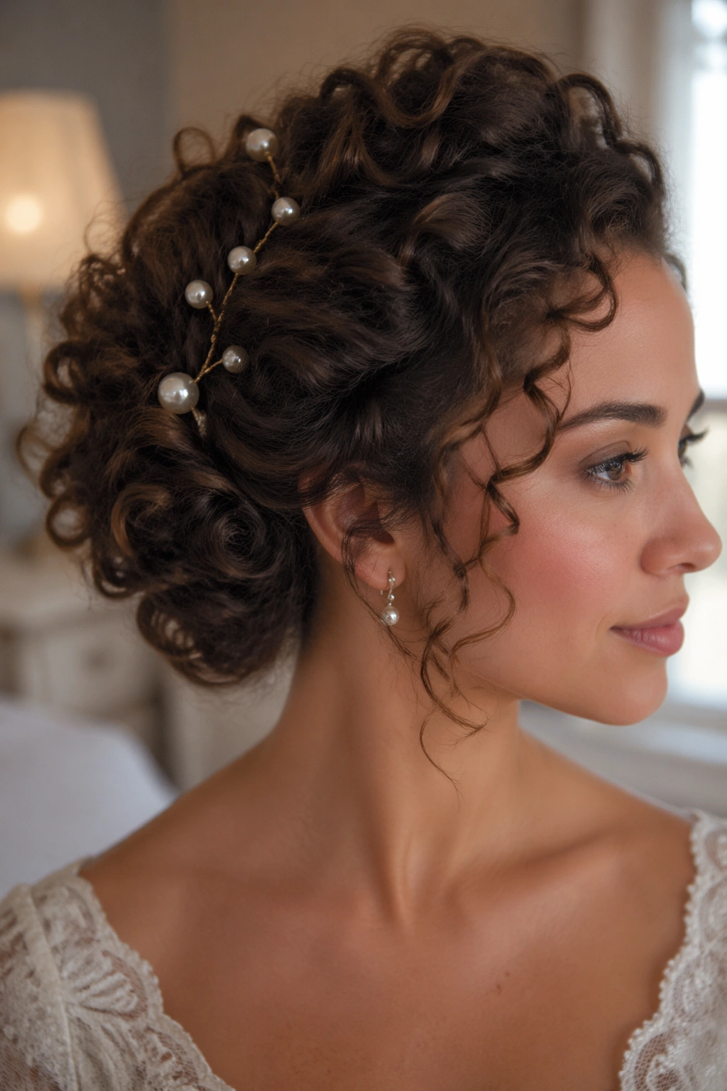 Real woman with side-swept curly updo pinned with pearl pins.