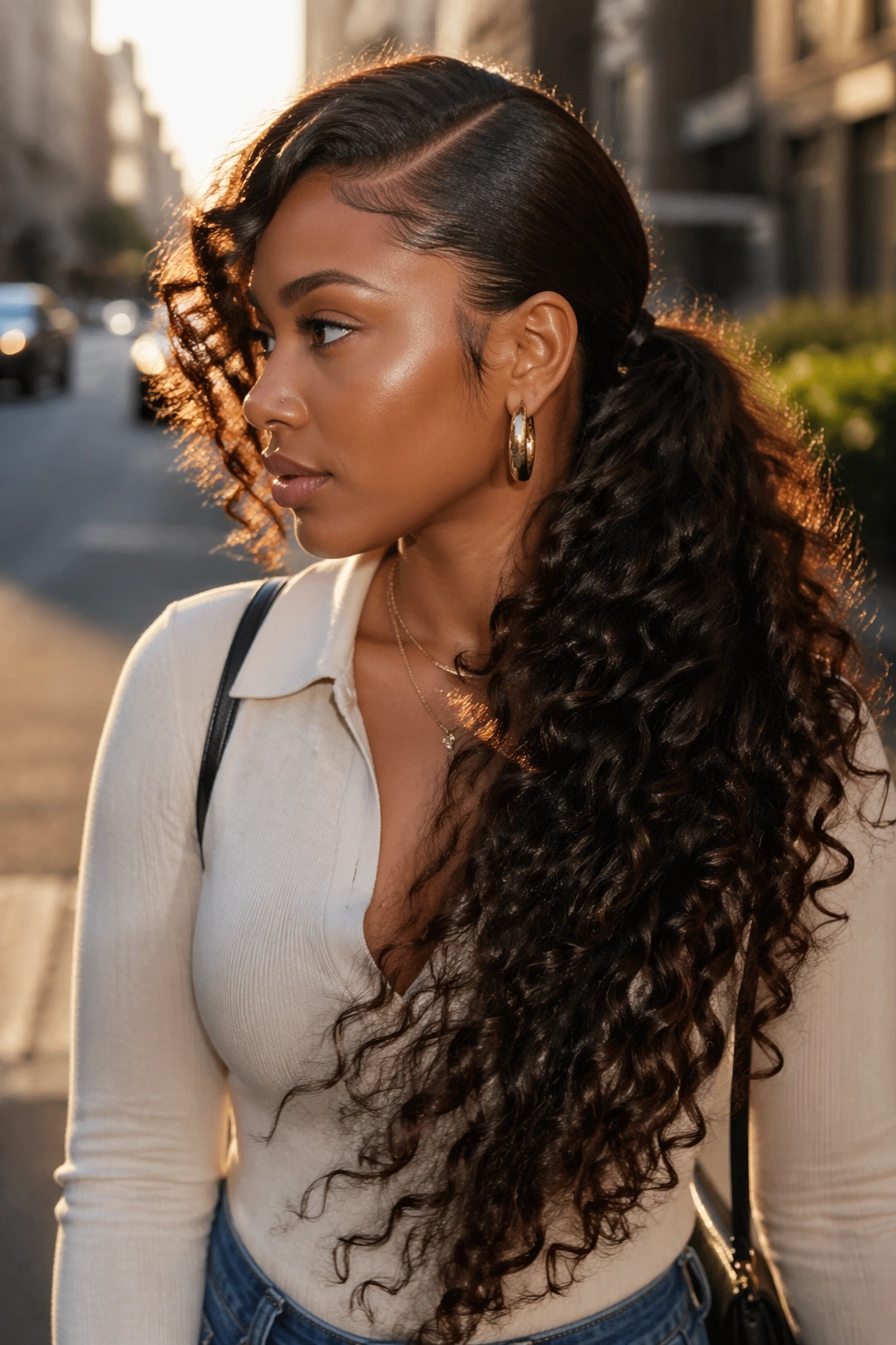 Profile view of real person with side-swept glam V-part ponytail.