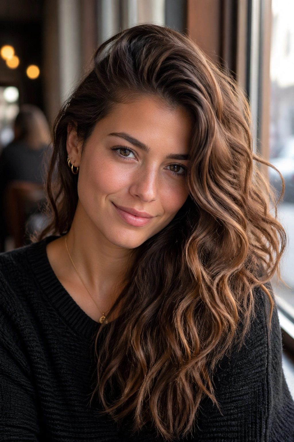 Close-up portrait of a real woman with side-swept volume waves