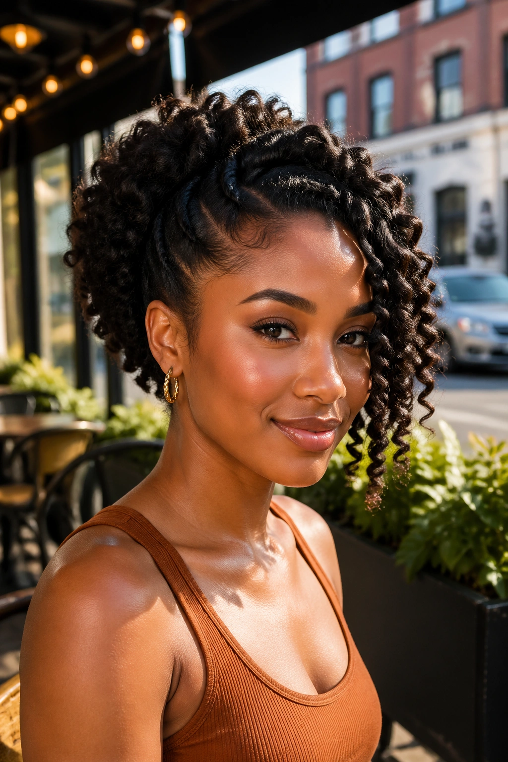 Real woman with side-swept half up and wand curls on one side in outdoor light.