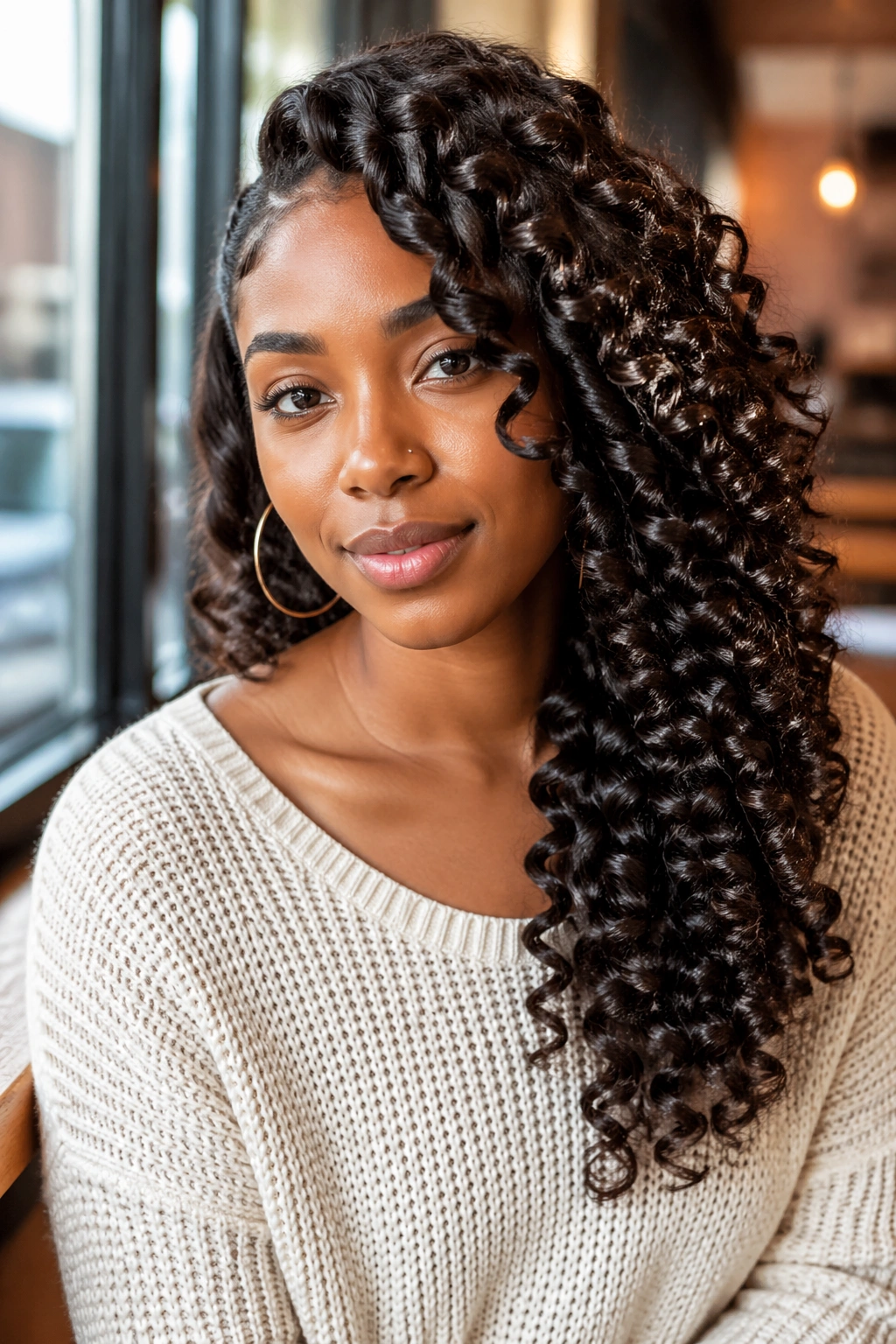 Close-up of a real woman with side-swept wand curls