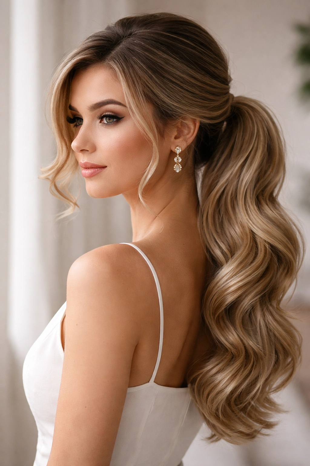 Low ponytail with side-swept waves blending into the tail