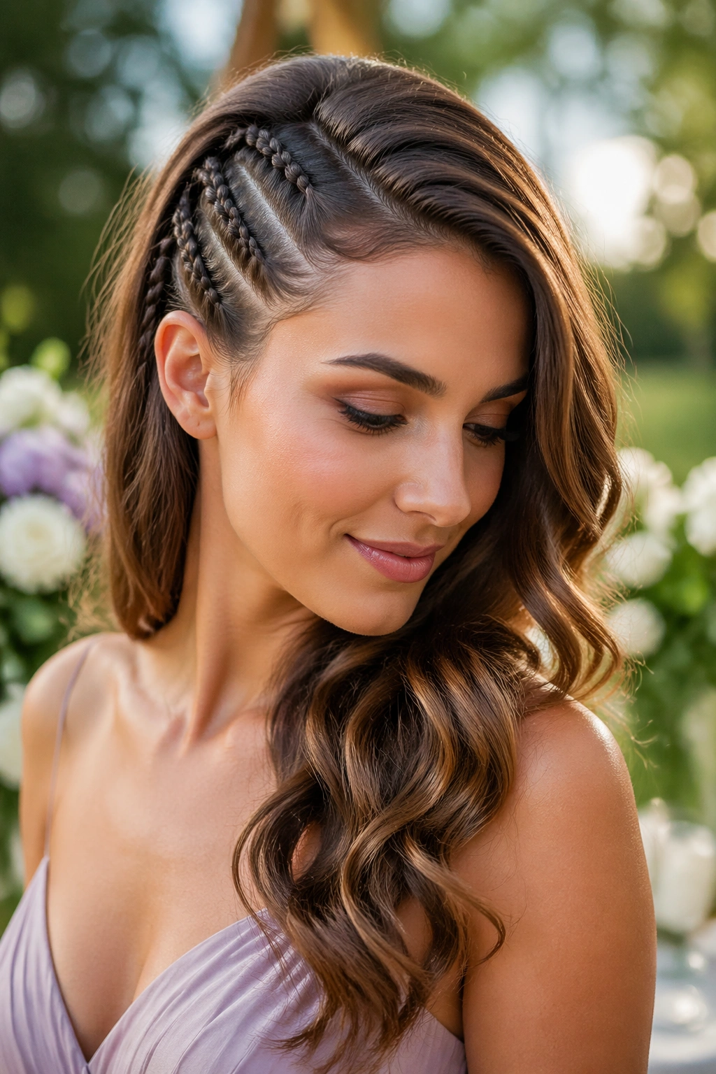Close-up of side-swept waves with mini braids on a real bridesmaid in an outdoor garden setting