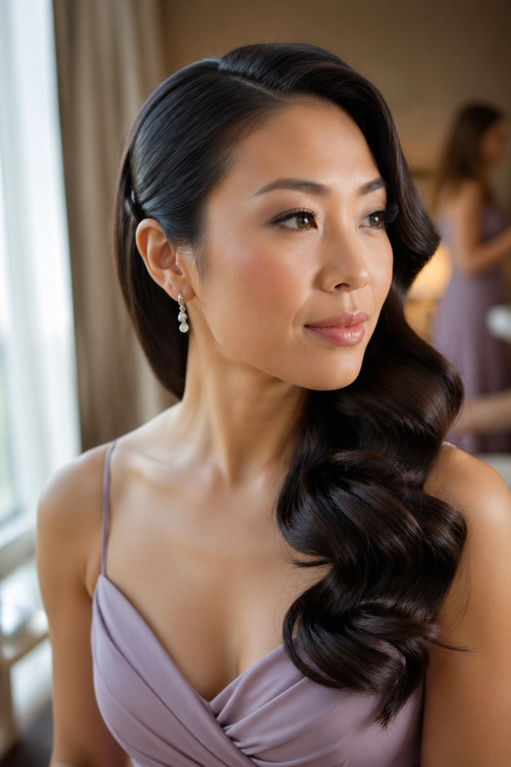 Close-up of real woman with side-swept Old-Hollywood waves