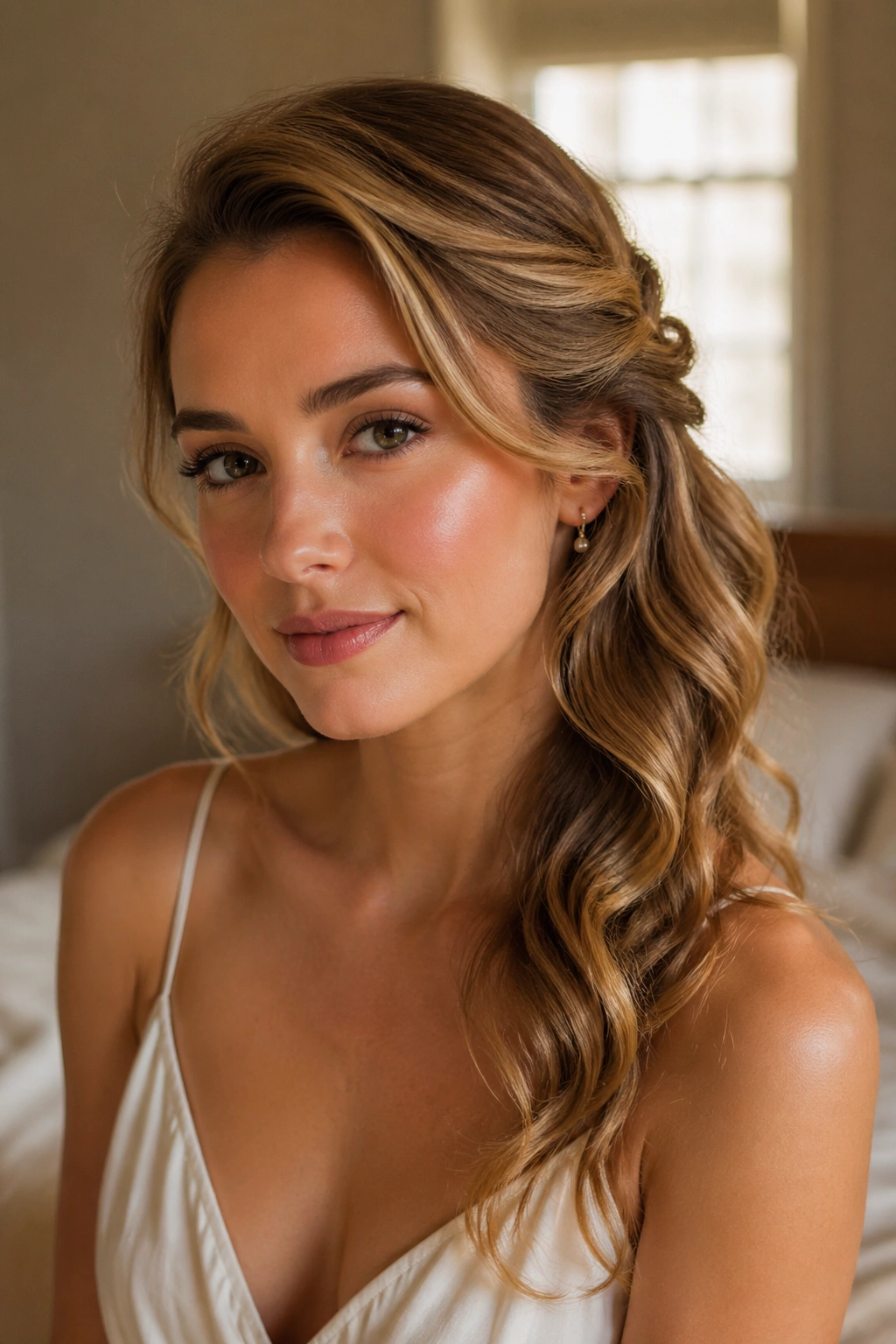 Close-up of a real woman with side-swept pinned-back waves in natural window light