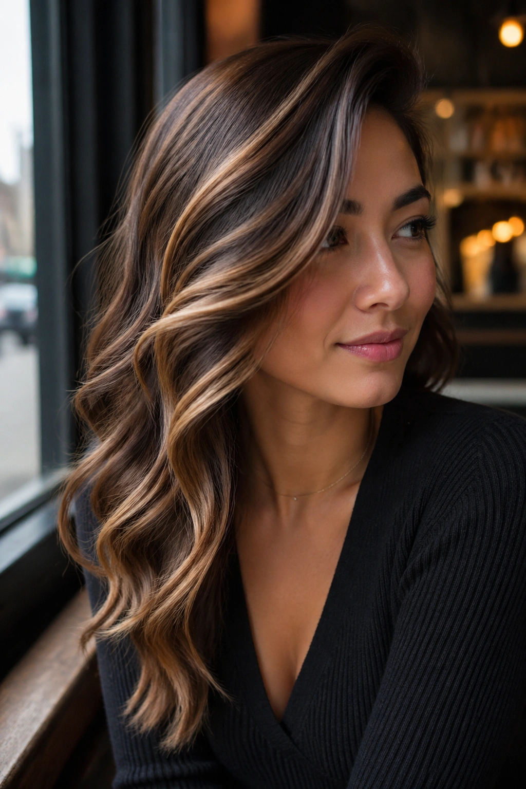 Woman with side-swept waves and toffee highlights in cafe light