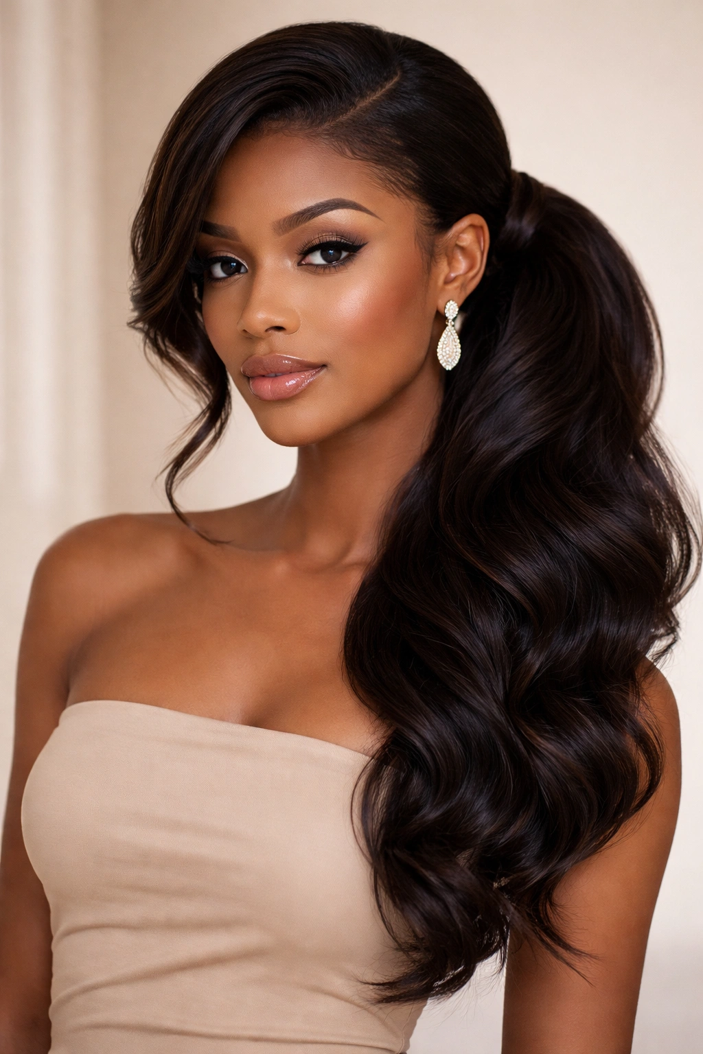 Side-swept weave ponytail angled over shoulder with wrapped base.
