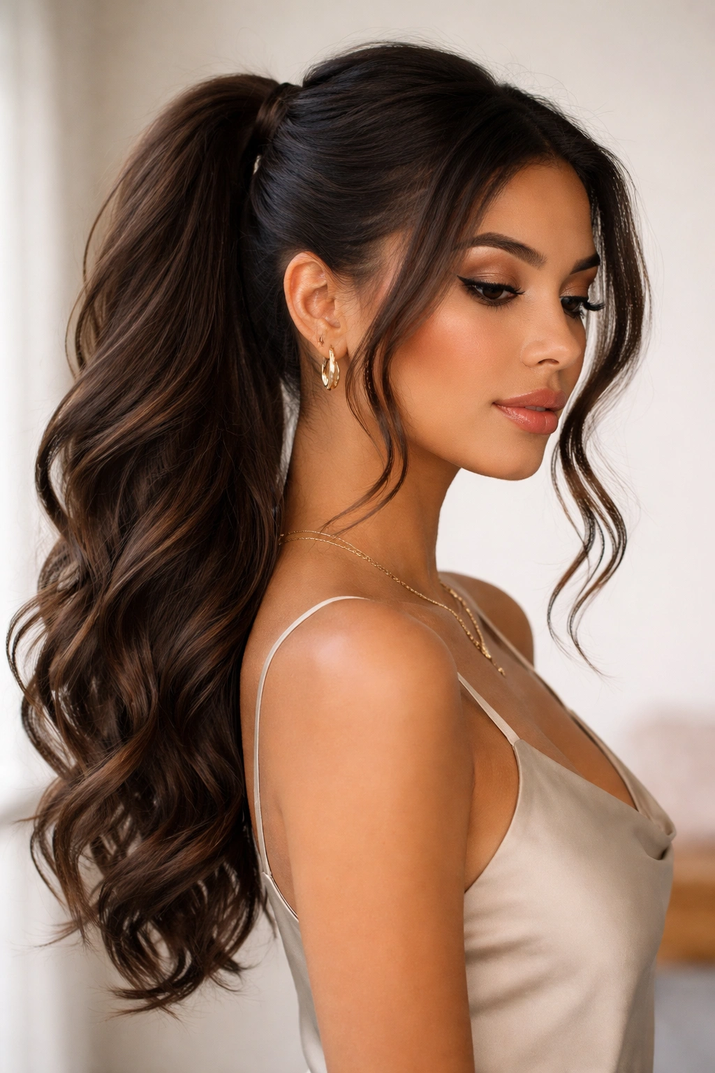 Side-swept weave ponytail with face-framing waves behind the ear