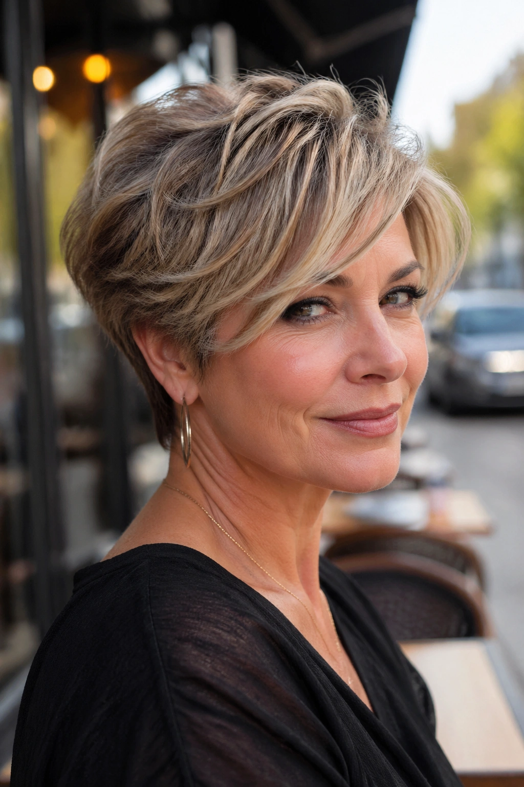 Portrait of a real woman with a side-swept wedge cut in an urban setting.
