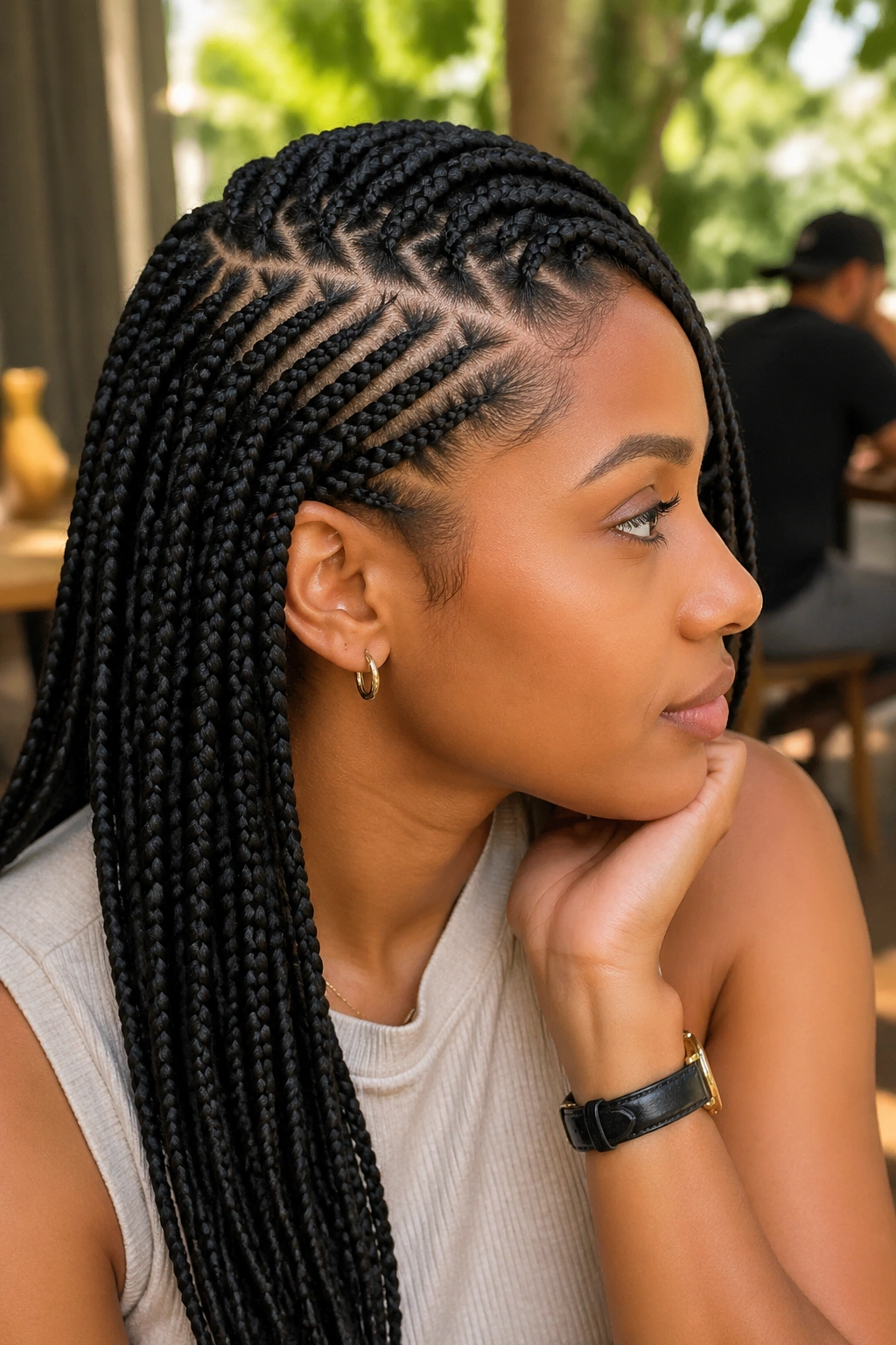 Real person with side-swept zigzag box braids
