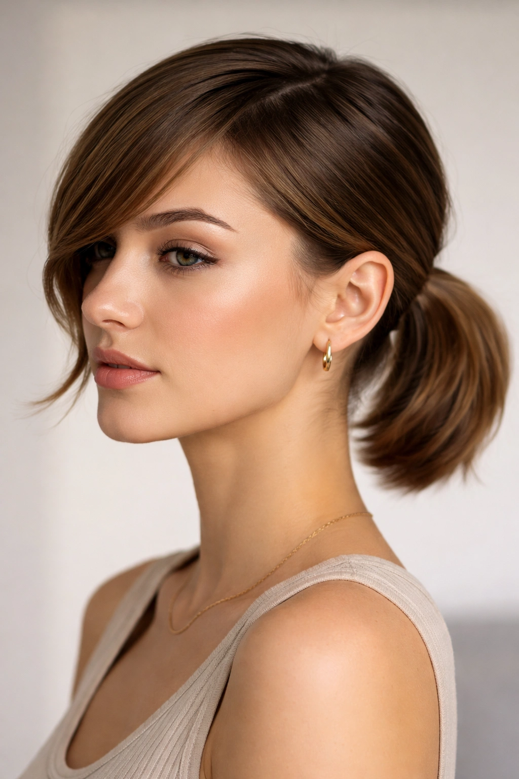 Close-up of a short-haired model with side-swept bangs into a low ponytail.