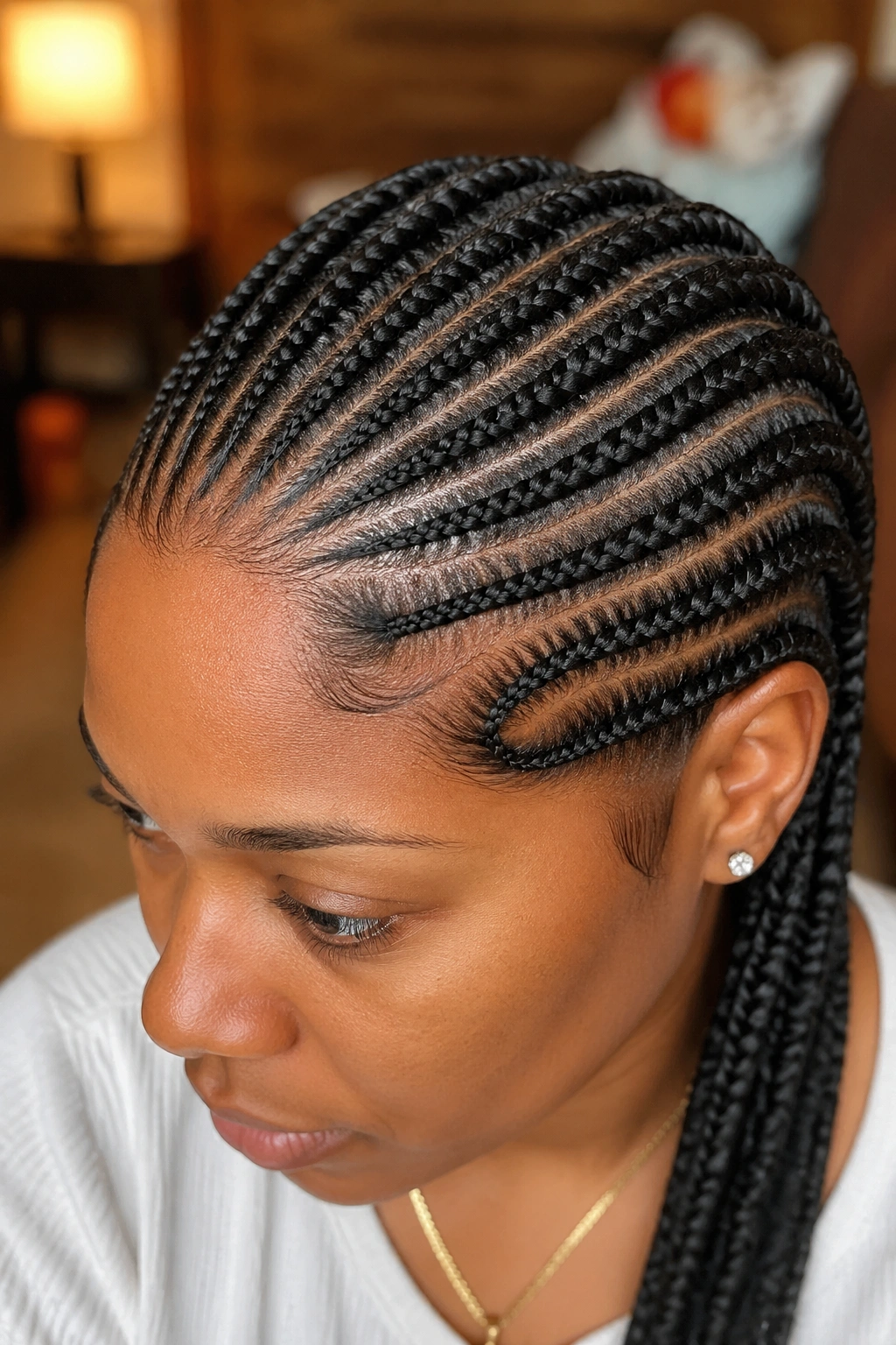 Close-up of a real person with eight braids and a side swoop.