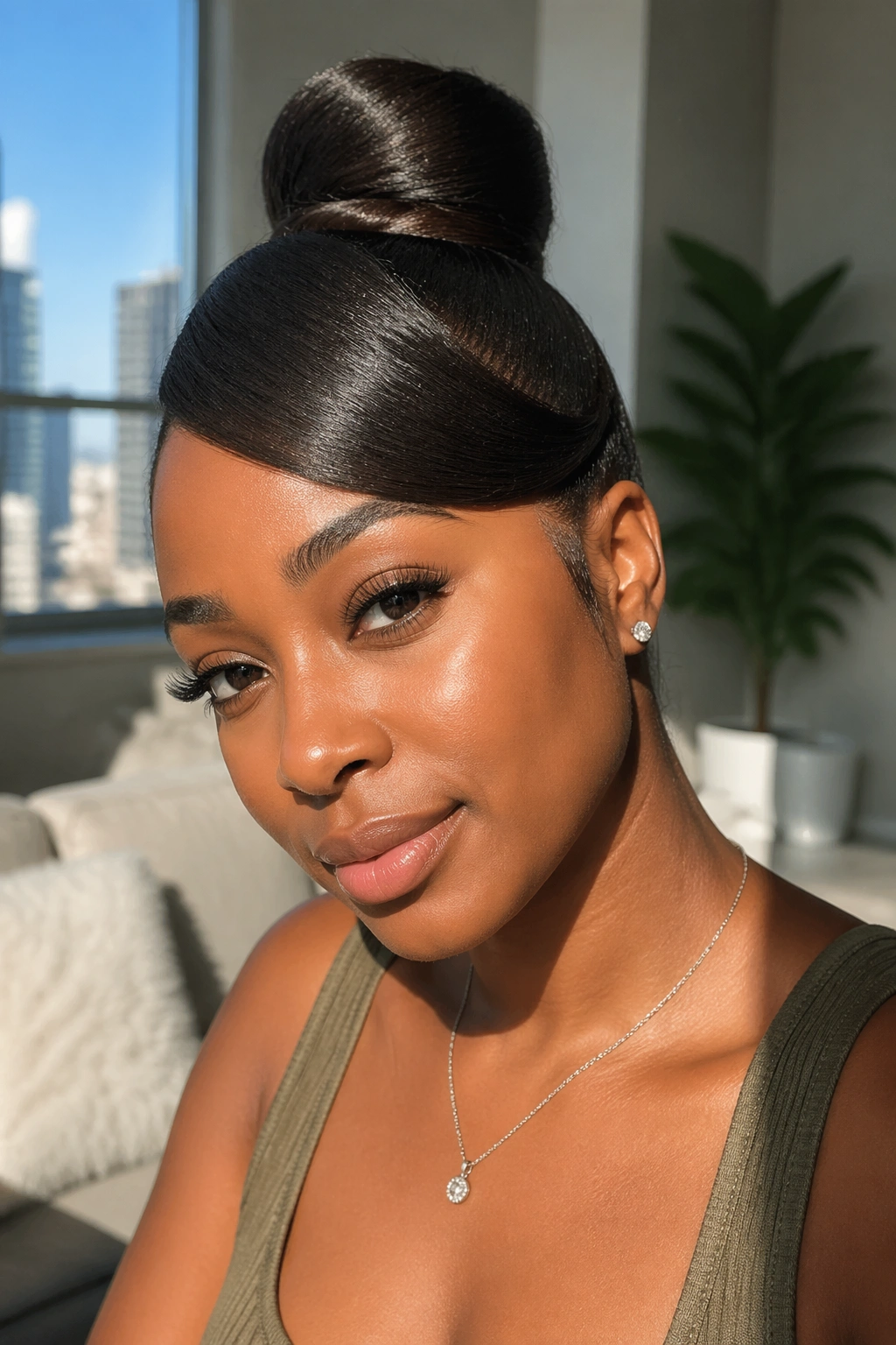 Close-up portrait of a real Black woman with side-swoop across the forehead and a high bun in natural daylight.
