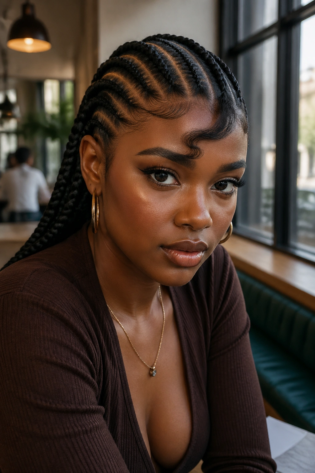 Portrait of a woman with side-swept cornrows and a front curl