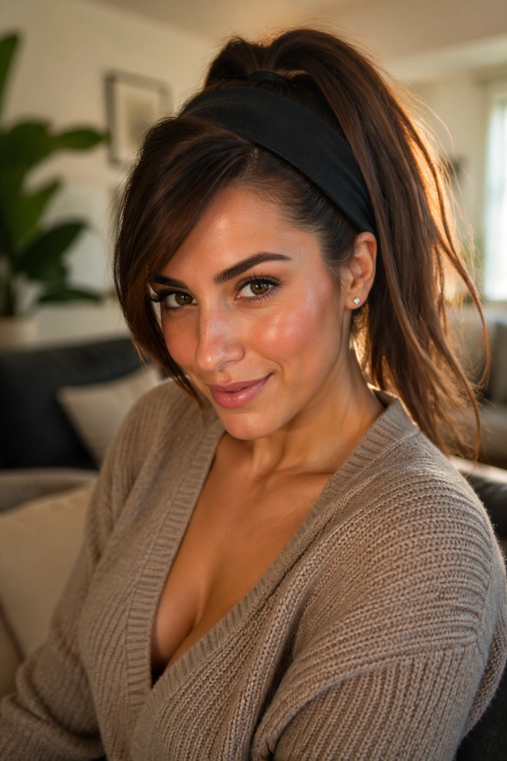 Portrait of a real woman with a side-swoop high ponytail and stretch headband in a cozy room