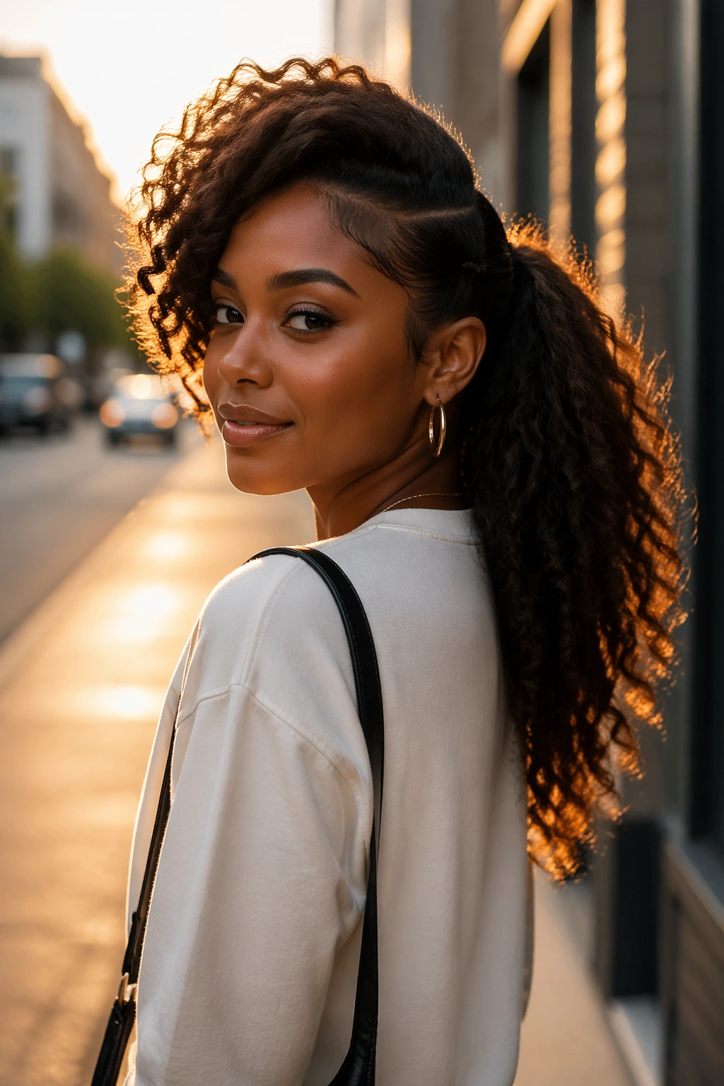Side-swoop mid ponytail with side volume outdoors