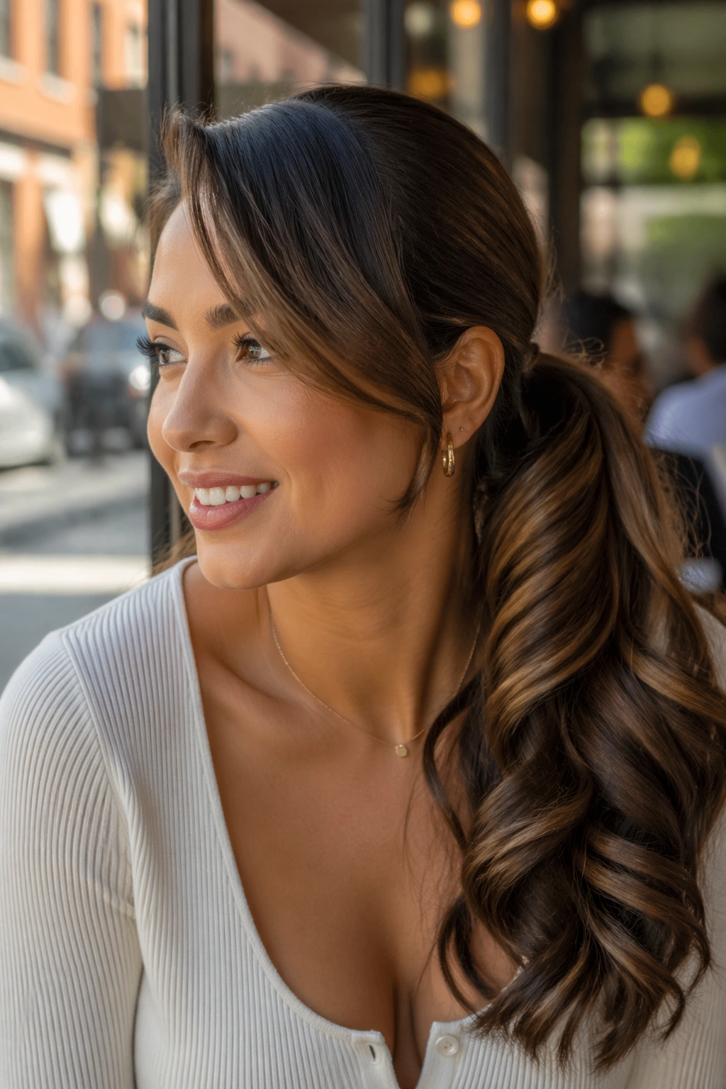 Portrait of a woman with a side-swoop ponytail and barrel curls