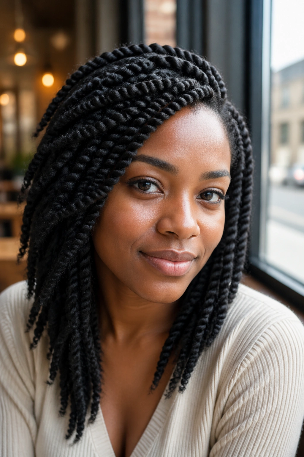 Real woman with side swoop twists close-up portrait