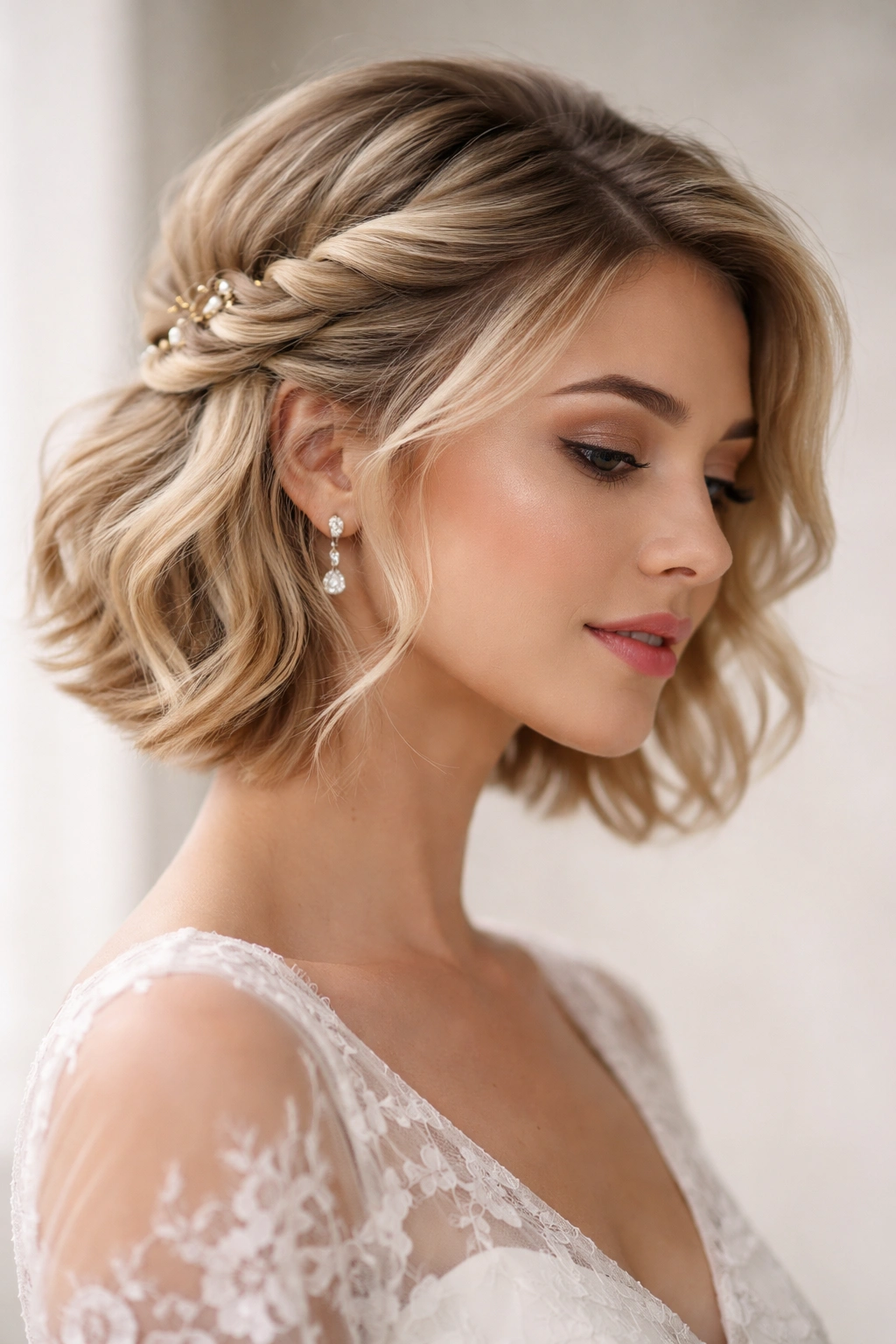 Profile view of a deep-part side-swept twist pinned behind the ear