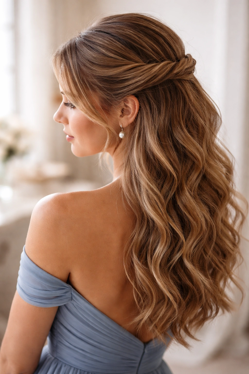 Close-up portrait of a real woman with a side-twist half-up hairstyle and soft waves