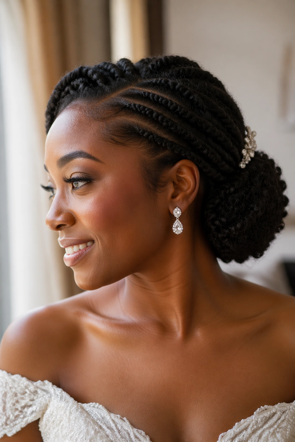 Close-up of real bride with side twists and a low puff at the nape