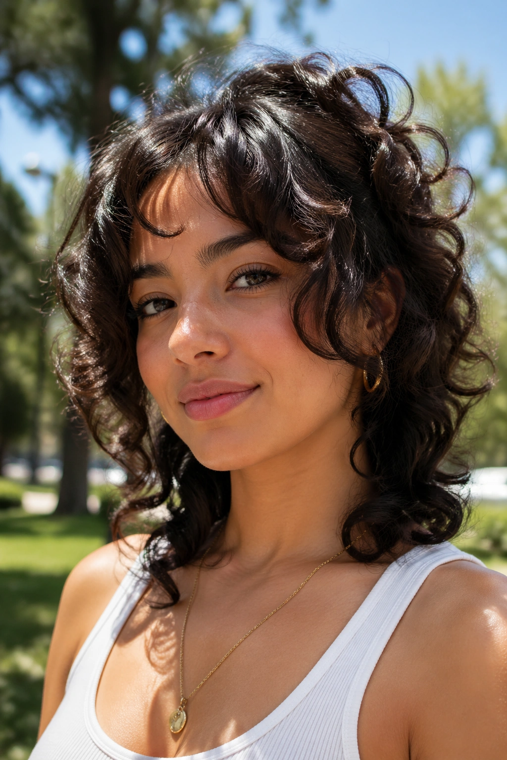 Portrait of a woman with sideburn-length bangs.