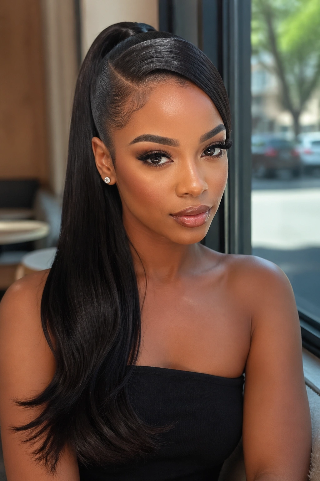 Close-up of a real woman with side-flipped straight ponytail over her shoulder