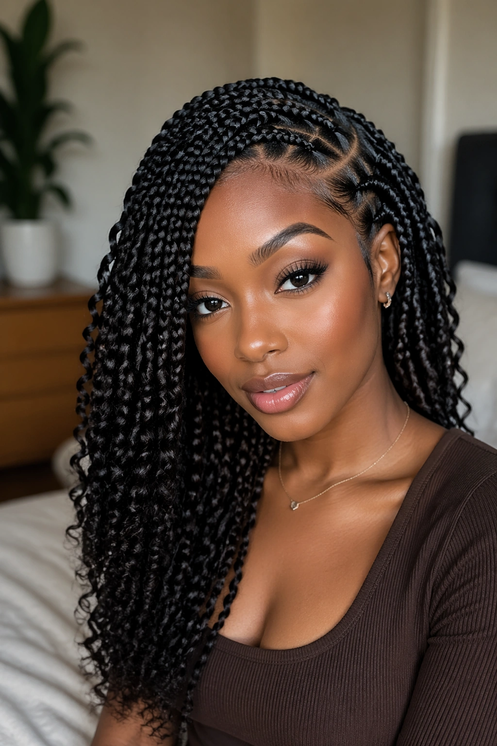 Close-up of a real woman wearing side-parted curly box braids with curls cascading over her shoulder.