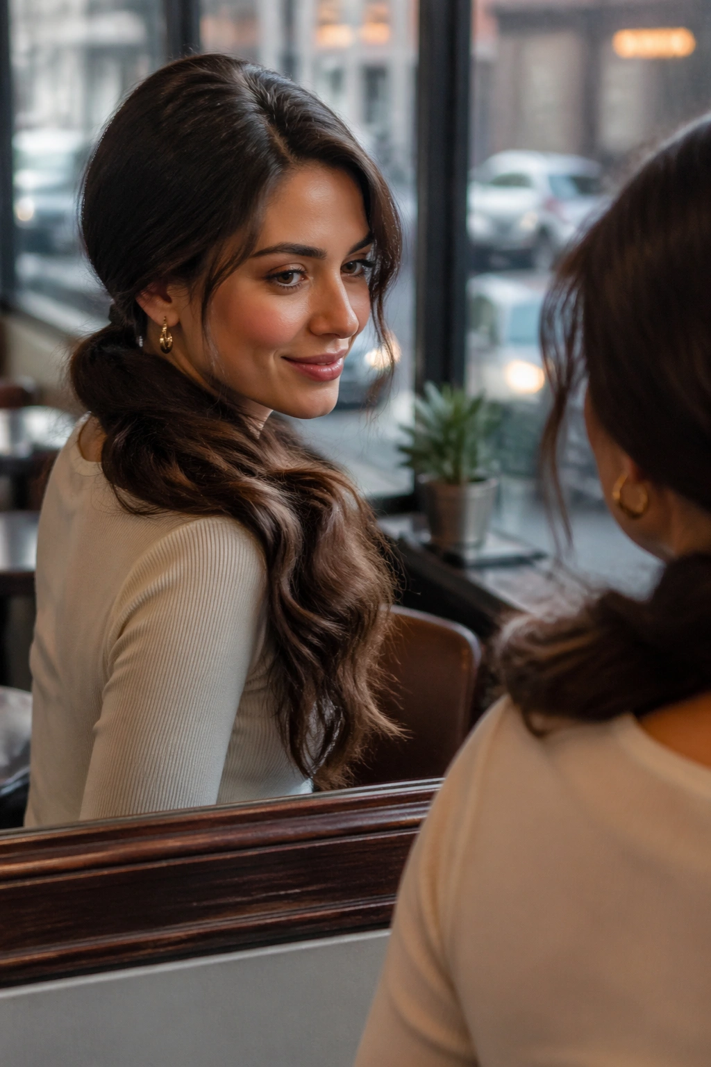 Side ponytail with deep part captured in cafe window light.