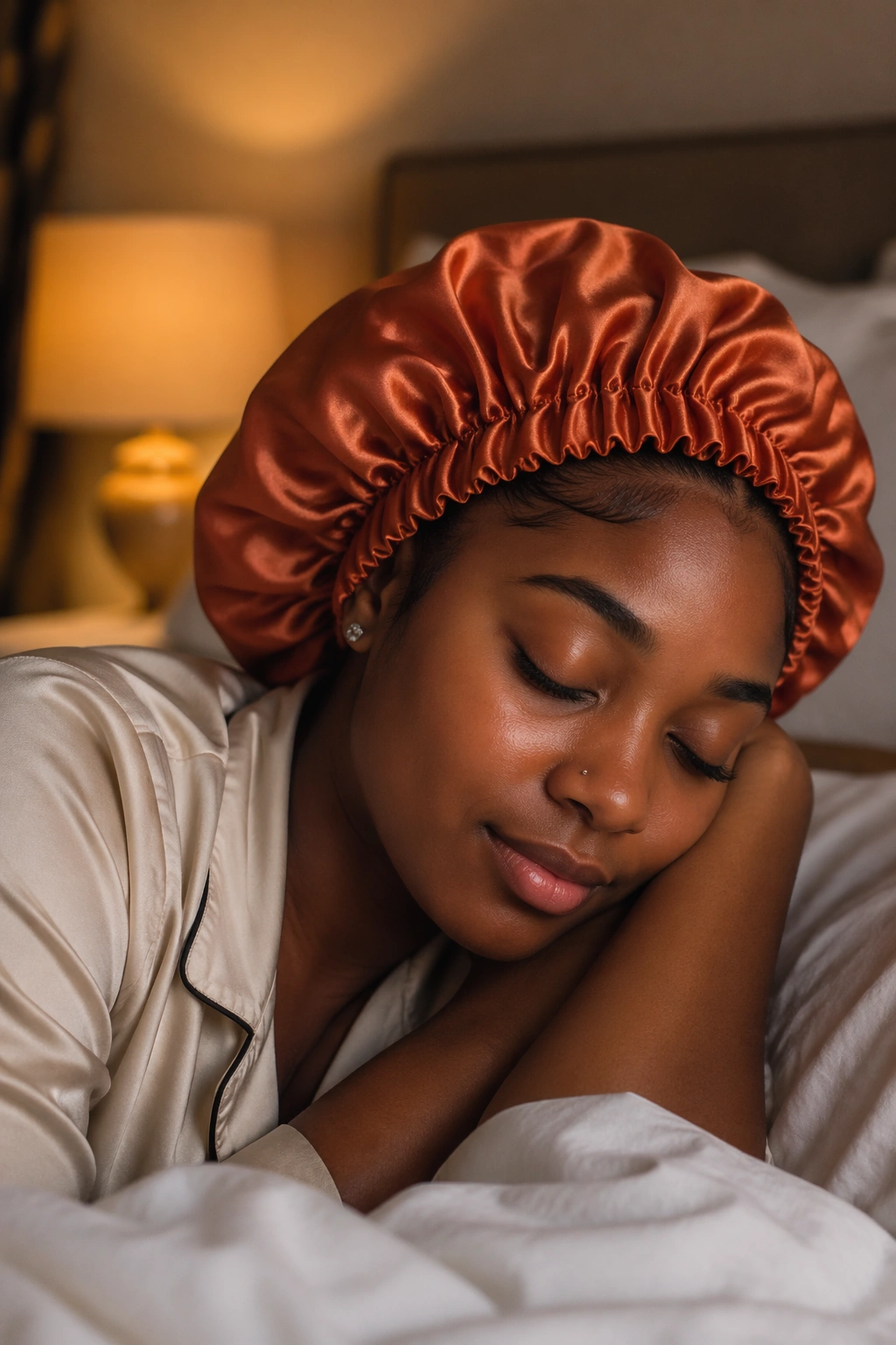 Portrait of a real person wearing a silk bonnet for nightly hair protection