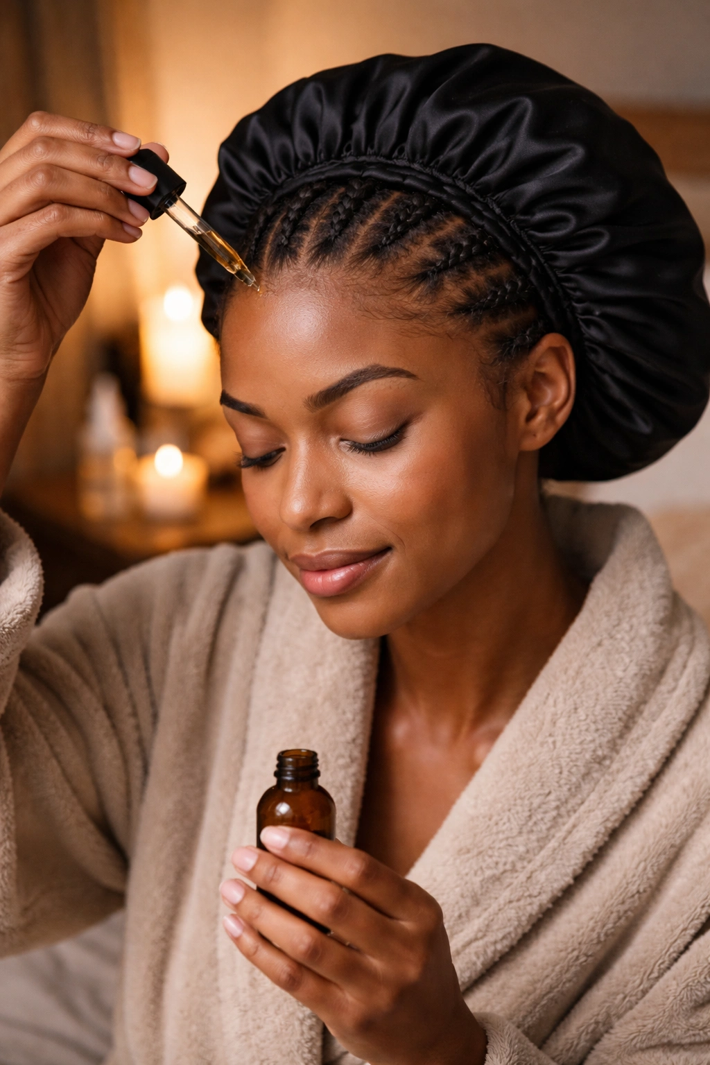 Portrait of person in satin bonnet performing maintenance on cornrows at night