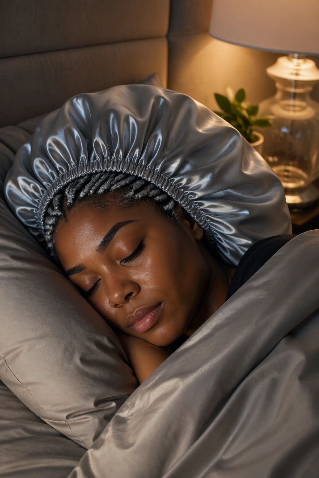 Close-up of a head wearing a silk satin bonnet protecting silver cornrows during sleep