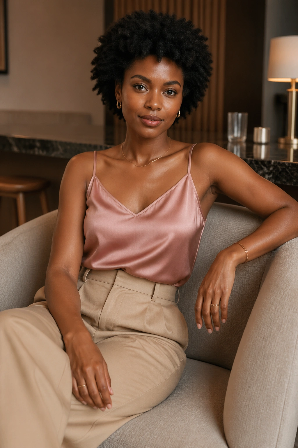 Woman in dusty rose silk camisole with champagne trousers in a stylish office setting