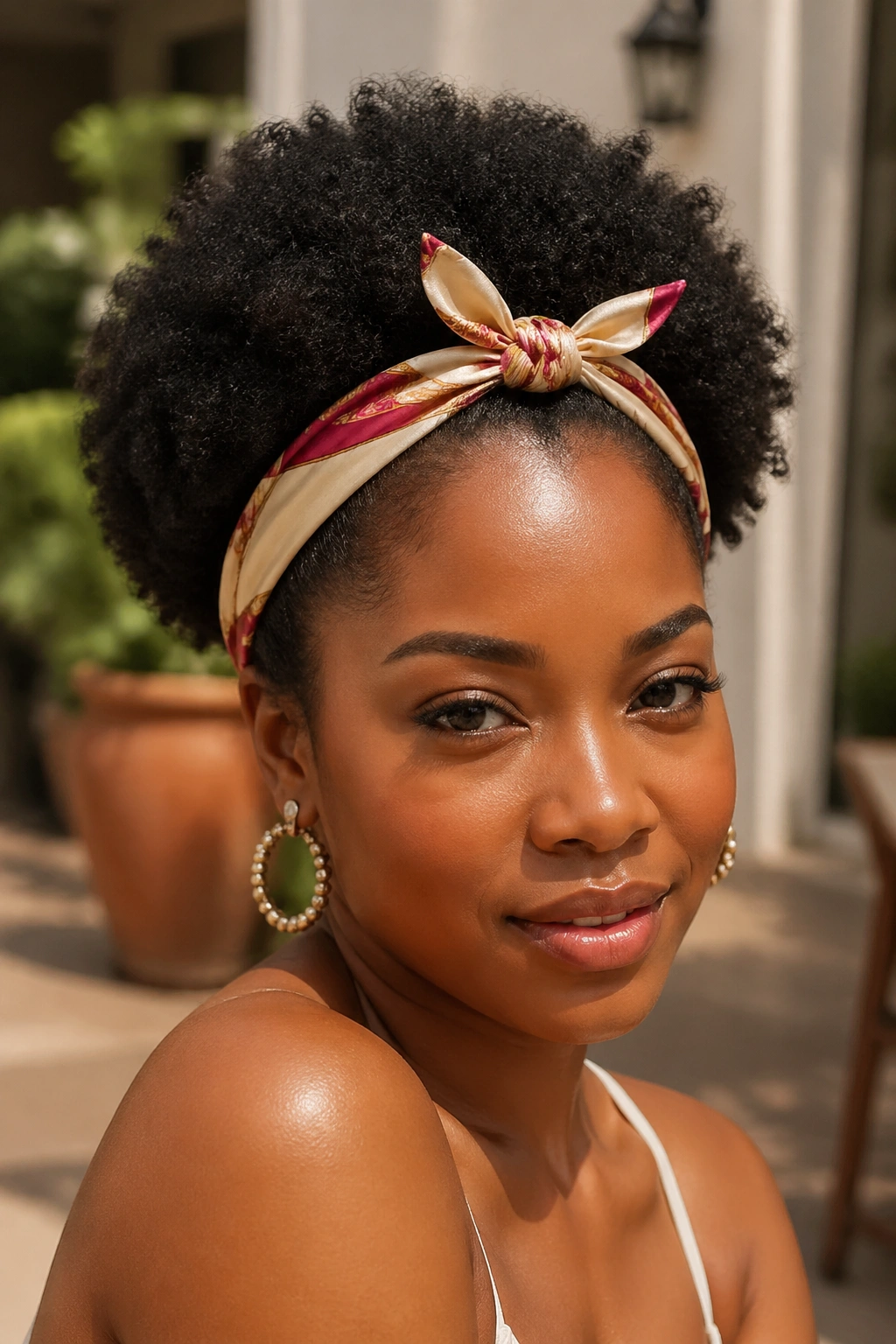 Woman wearing a silk headband with a single top knot on Afro hair.