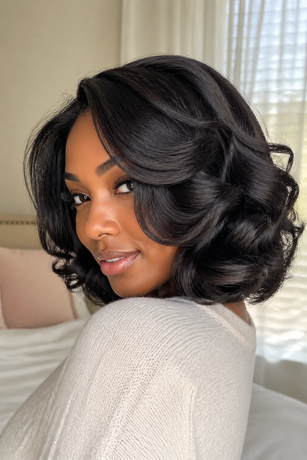 Close-up portrait of a real woman with medium-length silk-pressed hair and bouncy curls