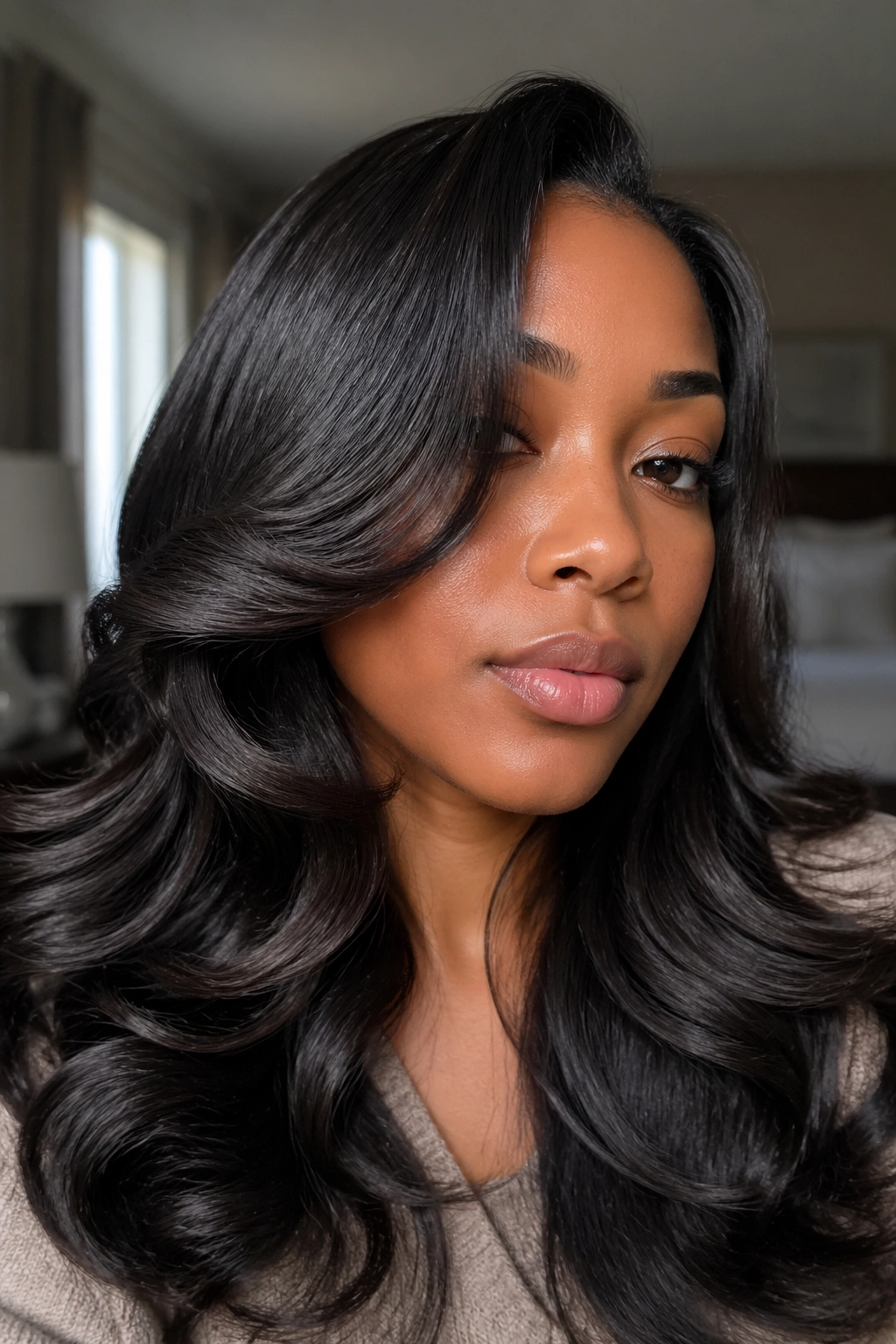 Close-up of a real woman with glossy silk-pressed hair and large body curls, showing shine.