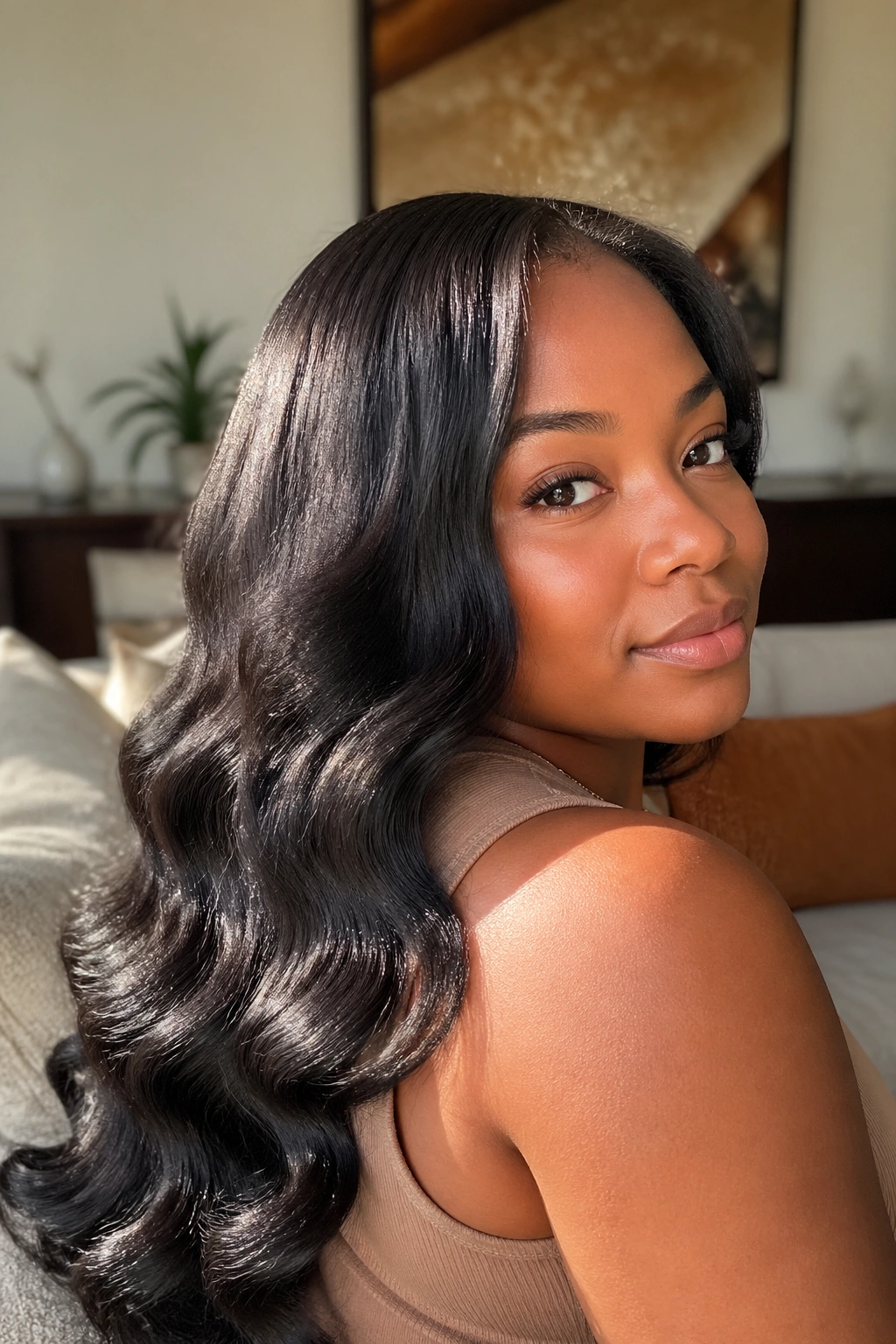 Close-up of real woman with full-head body waves on silk-pressed hair