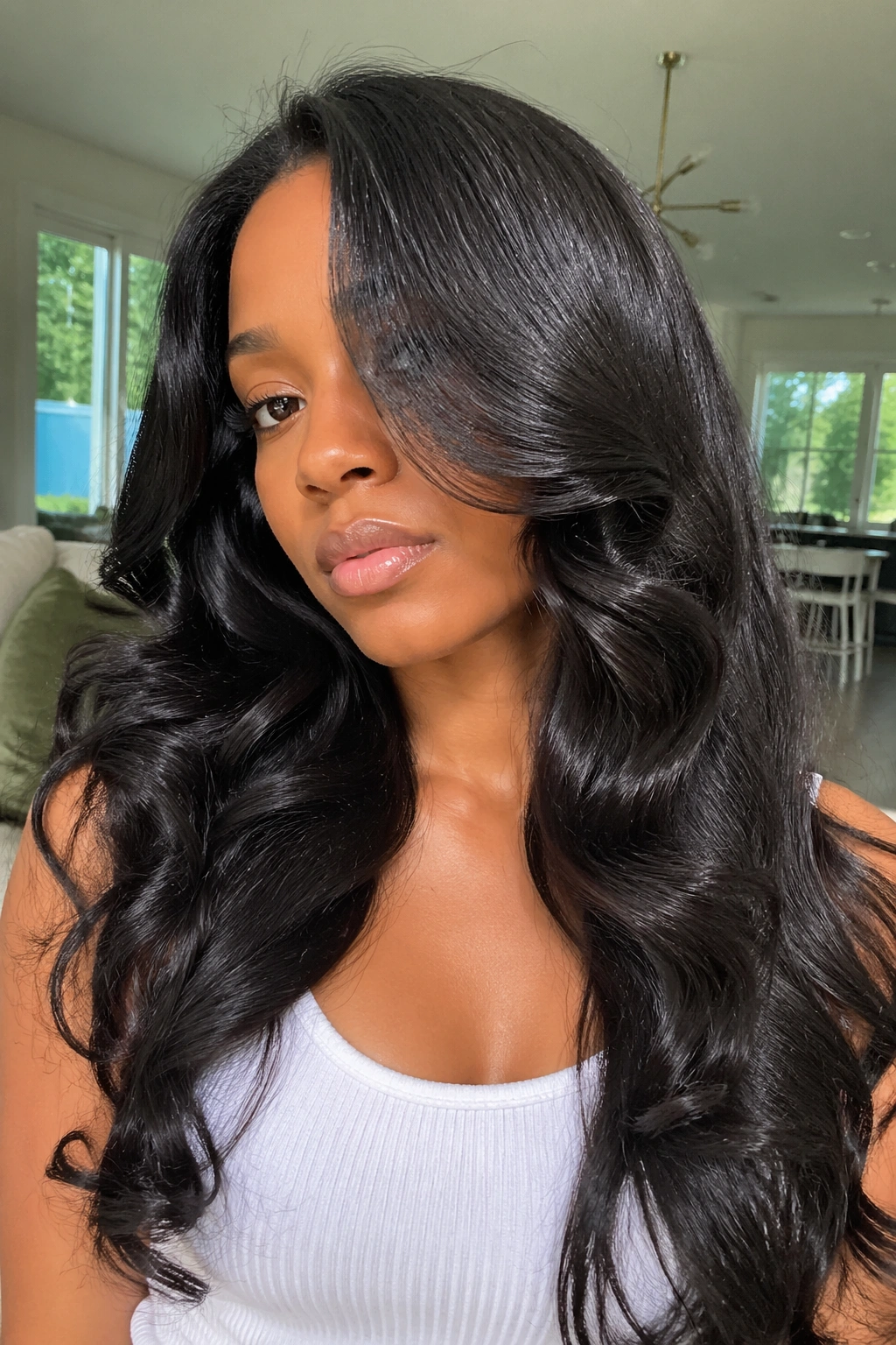Close-up of a real woman with silk-pressed hair and boho loose curls