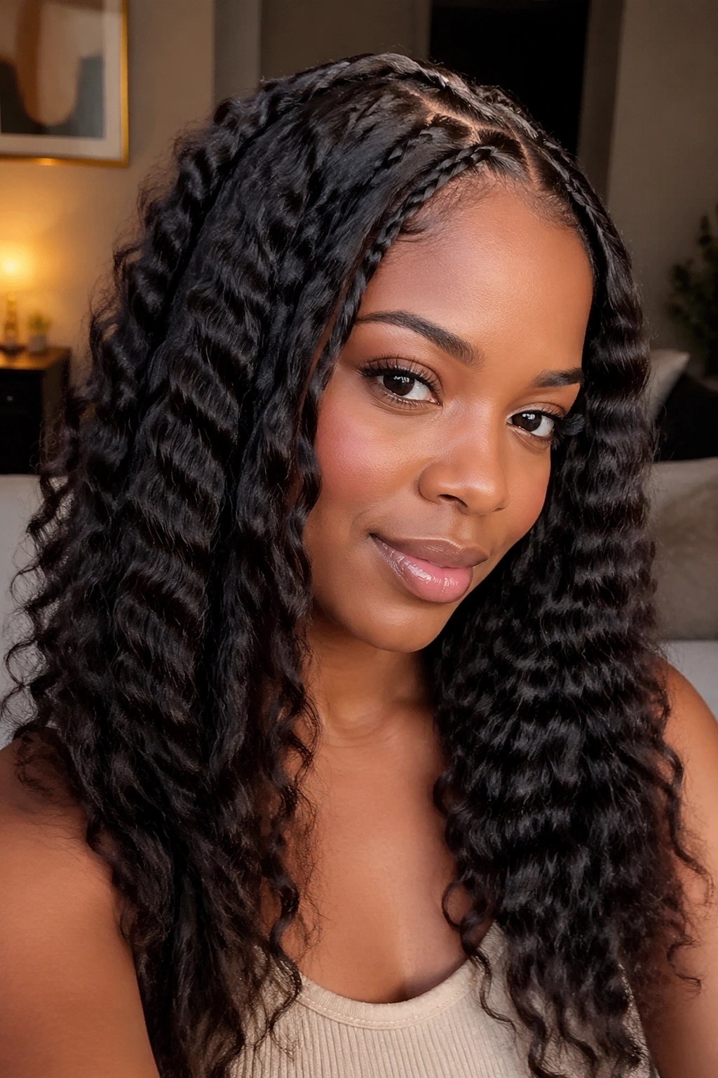Close-up of silk pressed hair after braid-out showing ripple texture