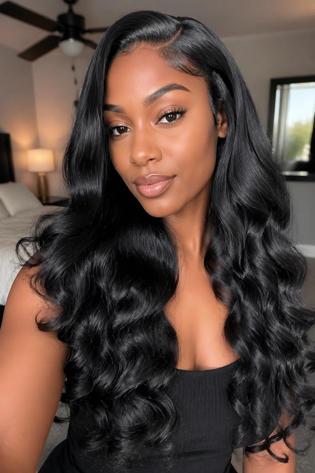 Real woman with long silk-pressed braid-out waves showing soft shine and texture