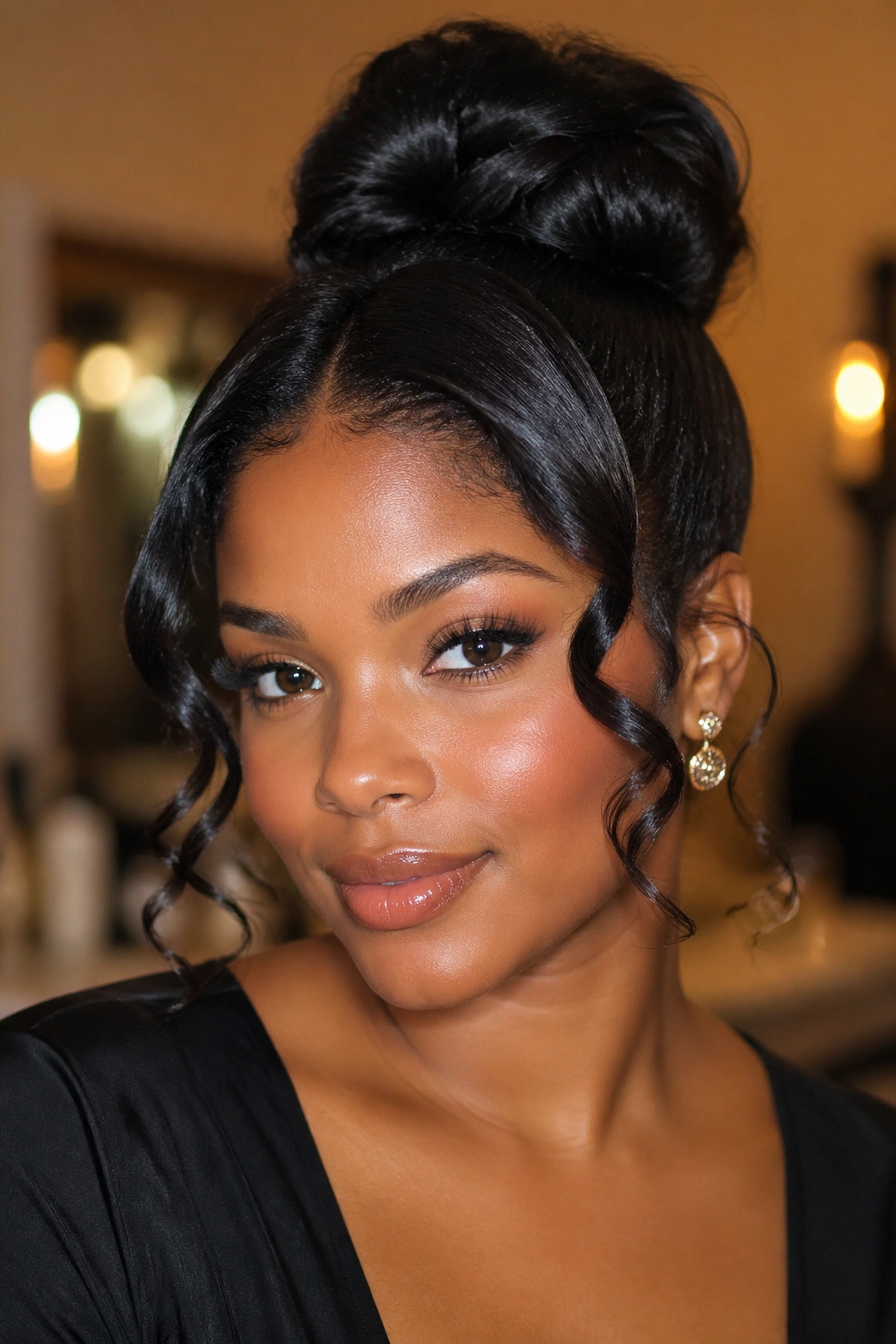 Close-up of a real woman with silk-pressed bun and curled face-framing pieces