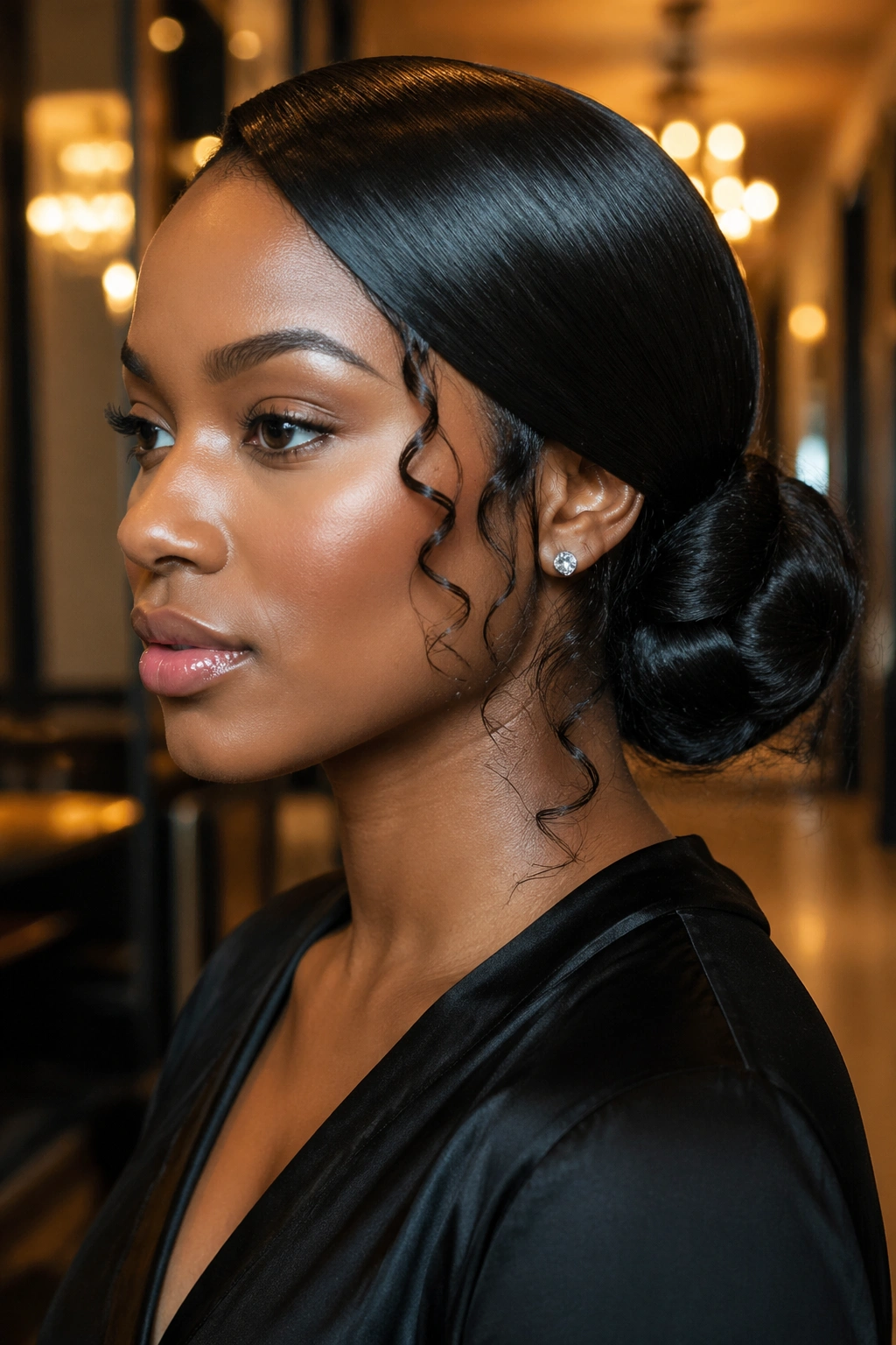 Close-up of a real woman with a side-swept silk bun and curling tendrils