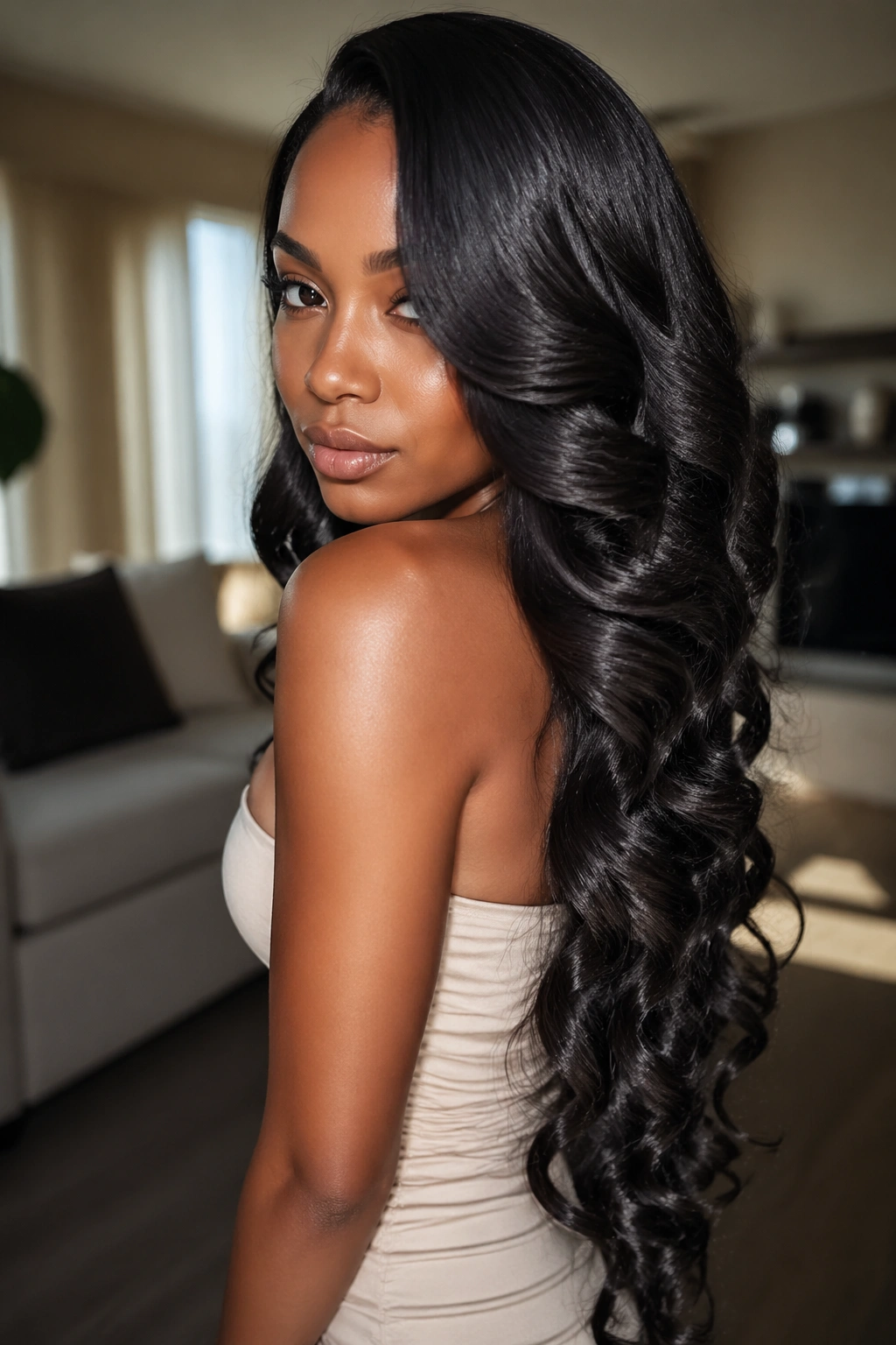Real woman with long silk-pressed cascading curls forming a cohesive, single-direction cascade