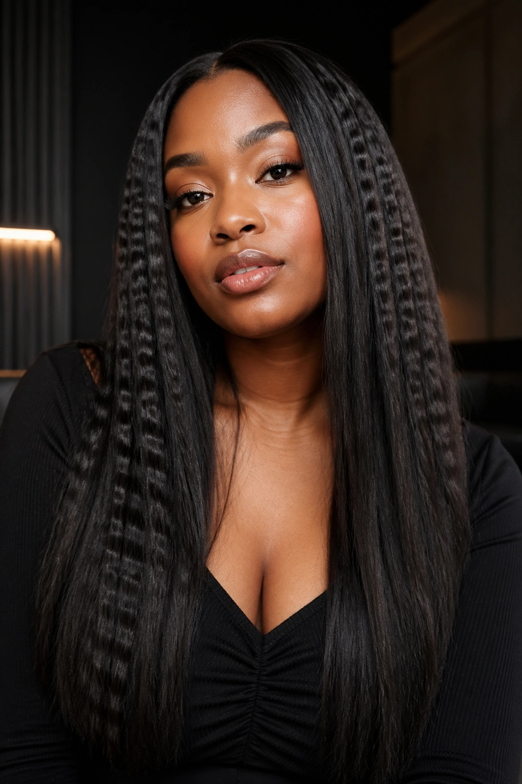 Real woman with long silk-pressed hair showing crimped geometric texture