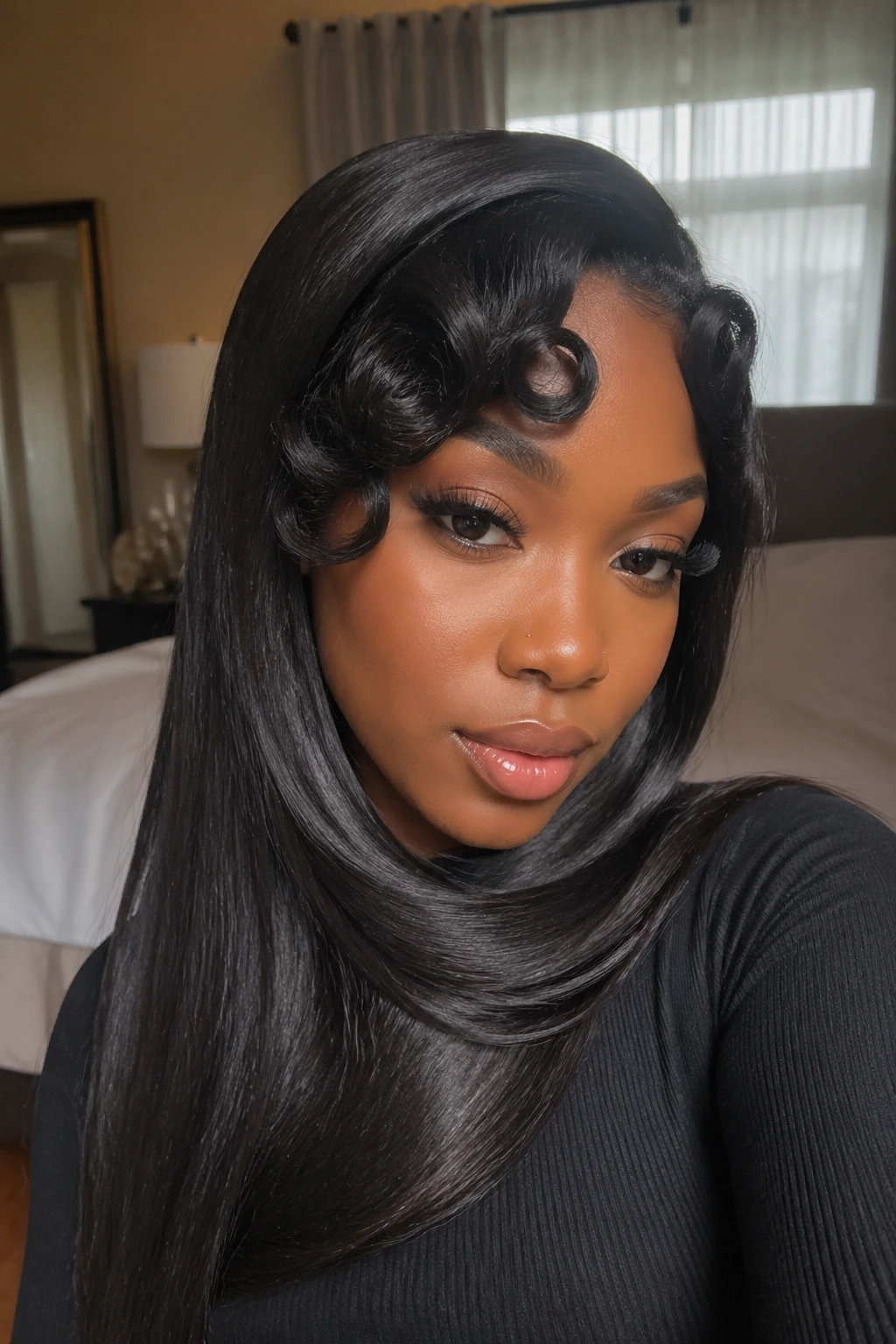 Close-up portrait of a real woman with long silk-pressed wrap and curled bangs framing her face