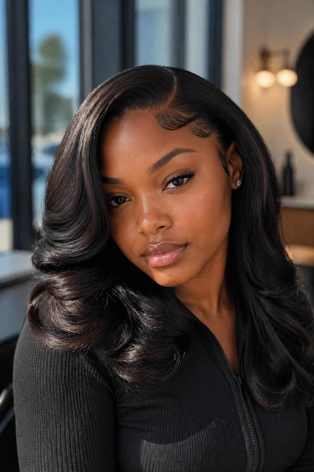 Close-up portrait of a woman with silk-pressed hair and defined edges along the hairline.
