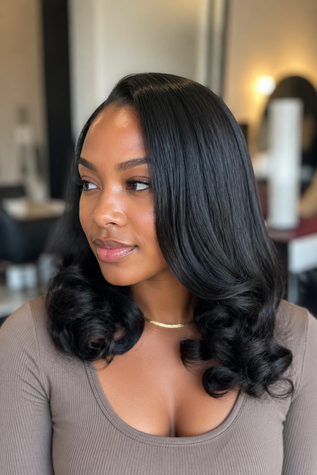 Medium-length silk-pressed hair with curls at the ends on a real person
