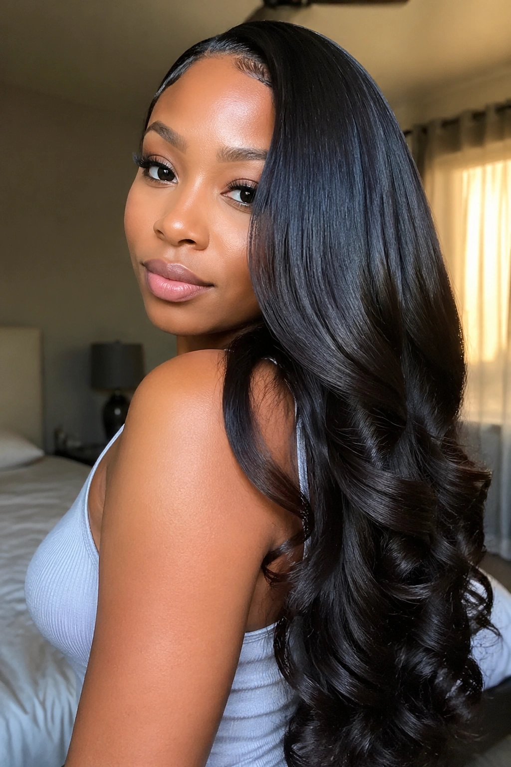 Close-up of a real woman with long silky hair and defined curls cascading over the shoulder in warm window light.